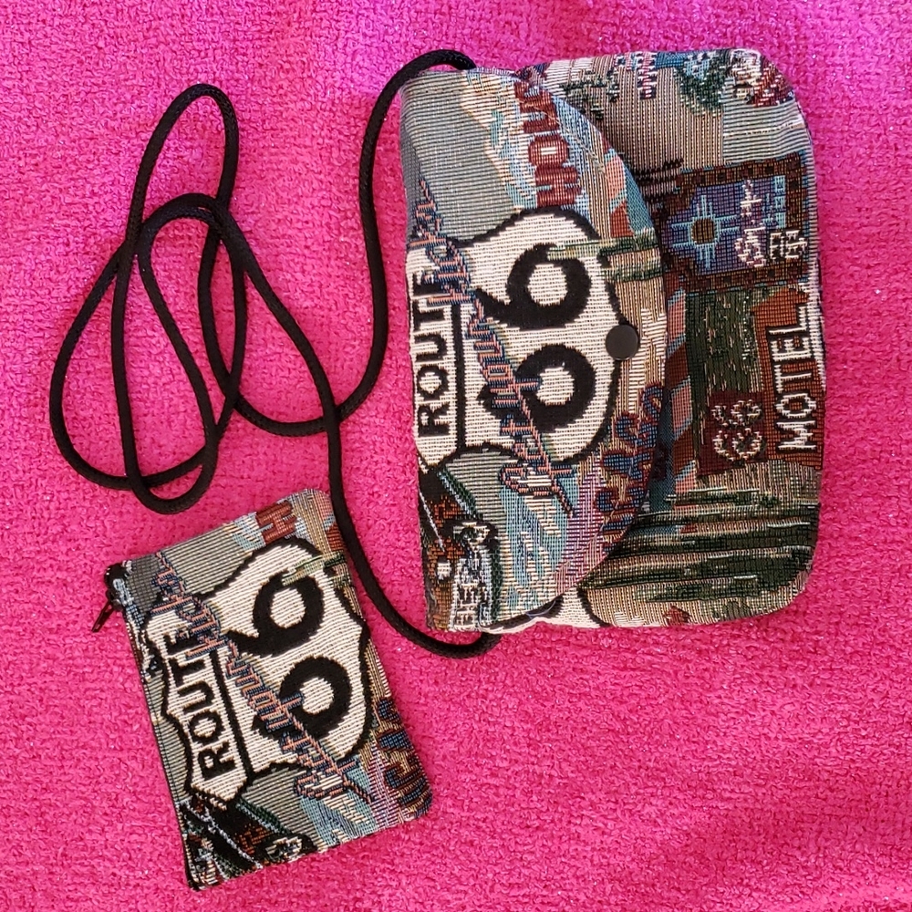 Route 66 tapestry shoulder bag with zippered case.